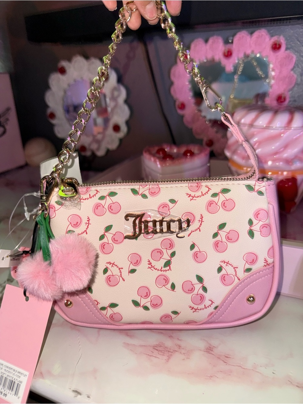 Juicy Couture Pink Cherry Girl Convertible Wristlet Mini Bag with Pom-Pom Charm
